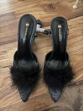 NewBella Strappy Iridescent Pointed Toe  Feather  Heels Mules Black Sparkle